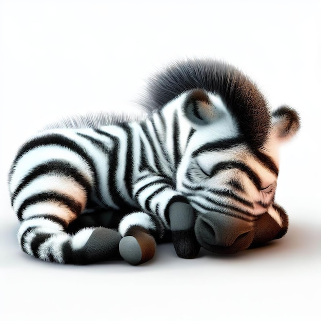 Uma zebra está dormindo em um fundo branco.