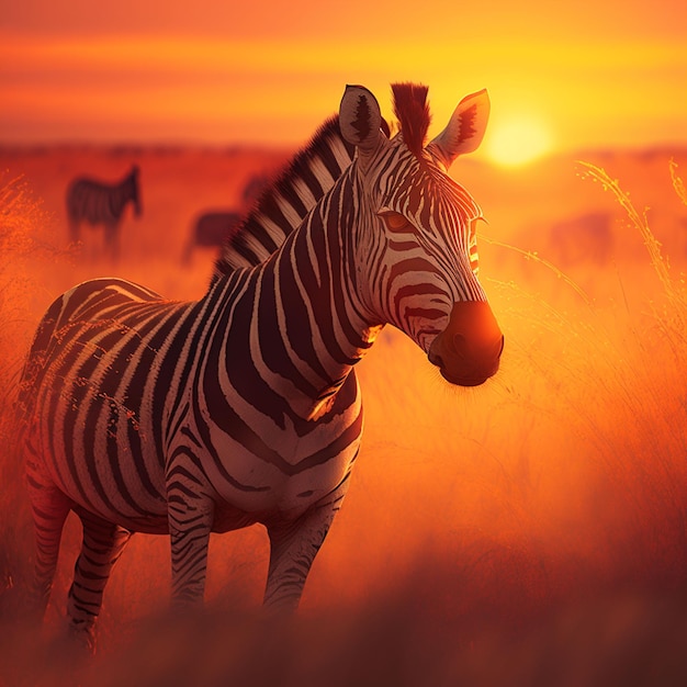 Uma zebra está parada em um campo com o sol se pondo atrás dela.