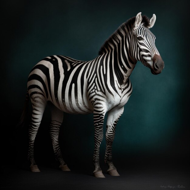 Uma zebra está parada na frente de um fundo escuro.