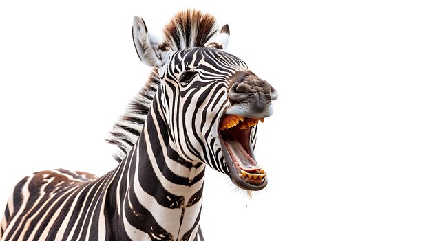 Uma zebra está rindo com a boca aberta os dentes são amarelos e a crina é preta e branca o fundo é branco