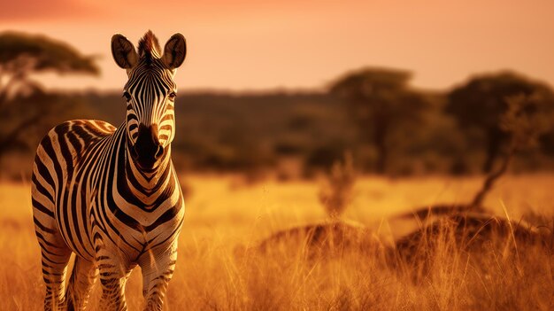 Uma zebra pastando na luz dourada da savana africana