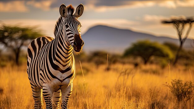 Foto uma zebra pastando na luz dourada da savana africana