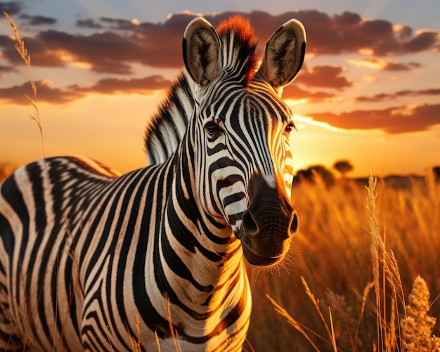 Uma zebra pastando pacificamente nas pastagens do Serengeti ao pôr-do-sol