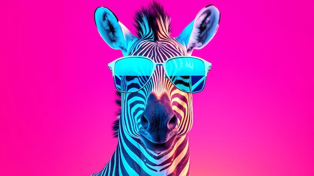 Uma zebra usando óculos escuros em um fundo rosa