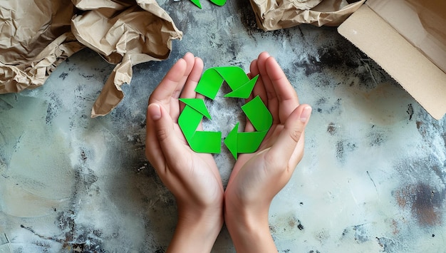 Umarmende Nachhaltigkeitshände, die ein grünes Recyclingsymbol halten, das Grün symbolisiert