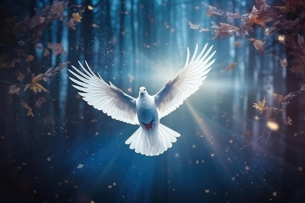 Umarmung der Ruhe, symbolische Taube in einer Welt des Friedens, getaucht in sanftes Licht, das Hoffnung und Gelassenheit inspiriert