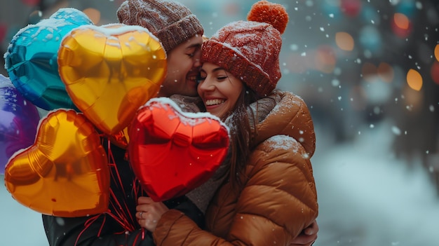 Foto umarmung des winters mit farbenfrohen herzballons ein schneebedeckter romantischer moment festgehalten