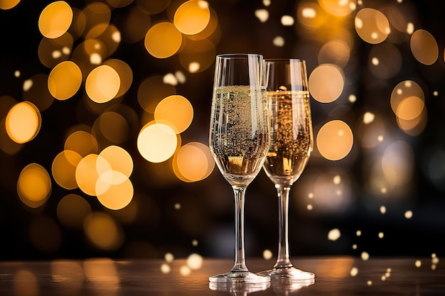 Umas taças de champanhe festivas de ano novo e confetes brilhantes ao fundo