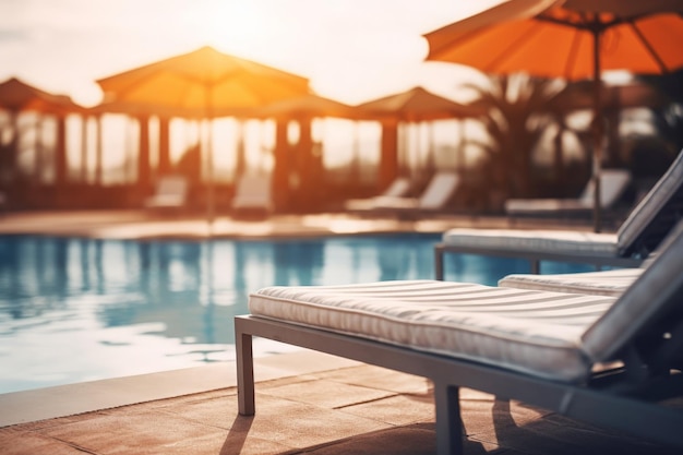 Umbrela e cadeira ao redor da piscina em um hotel