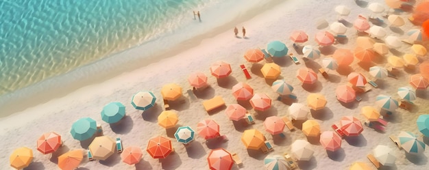 Umbrelhas coloridas no fundo da praia Desenho de férias de verão com mar turquesa e vibração da luz solar IA geradora