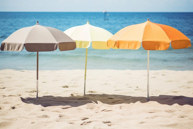 Umbrillas de playa de colores que proyectan sombras en la arena