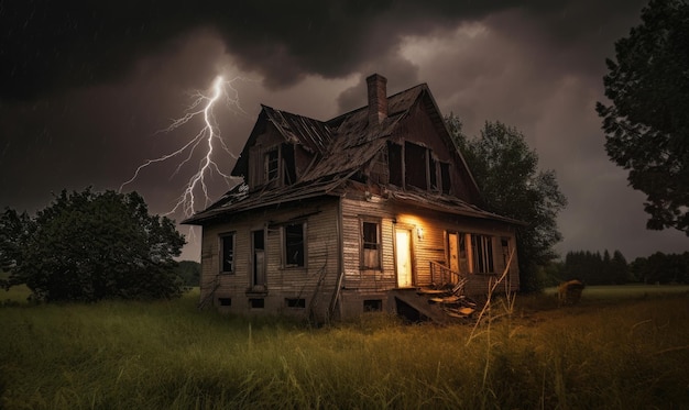 Umgeben von Dunkelheit steht das alte Haus verlassen in der Nähe des Waldes inmitten von Blitzen designe