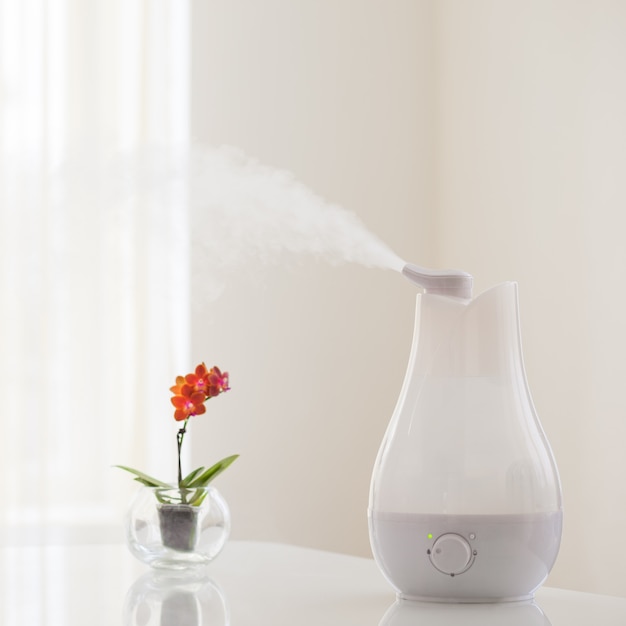 Foto umidificador espalhando vapor na sala de estar