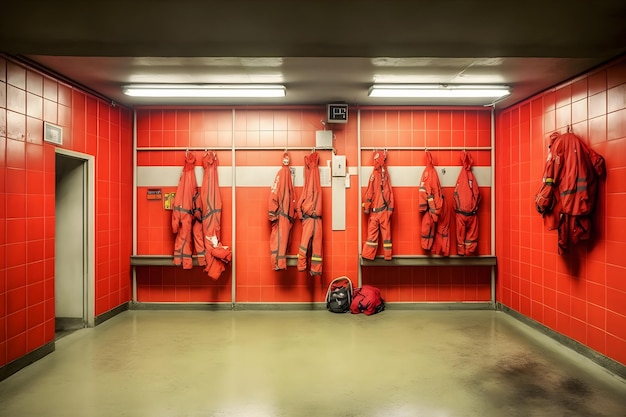 Umkleideraum einer Feuerwehr mit Schutzuniformen und Helmen. Neuronales Netzwerk KI generiert