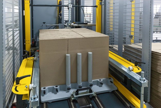 Umreifungsmaschine für Industrail-Verpackungslinie, moderne Maschine für Verpackungslinie in Fabrik, Industrie- und Technologiekonzept.