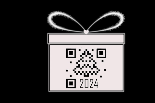 Umriss einer weißen Geschenkbox mit einer Schleife, einem QR-Code in Form eines Tannenbaums und den Zahlen 2024