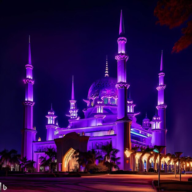 Umrisse traditioneller islamischer Moscheen auf violettem Hintergrund