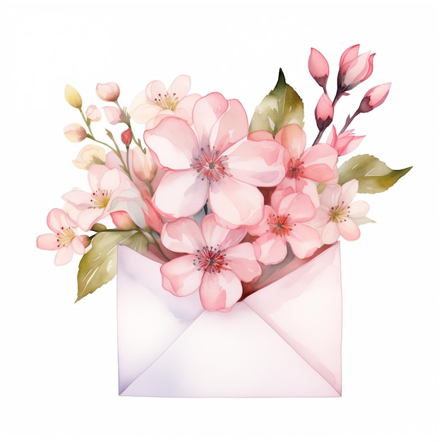 Umschlag mit verträumten hellrosa Blumen und Blättern, Aquarell-Illustration zum Valentinstag
