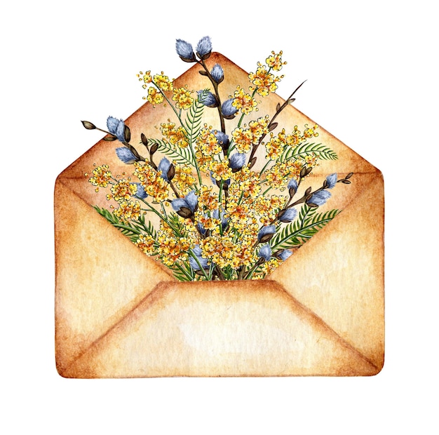 Umschlag mit Weidenzweigen und Mimosa-Aquarell