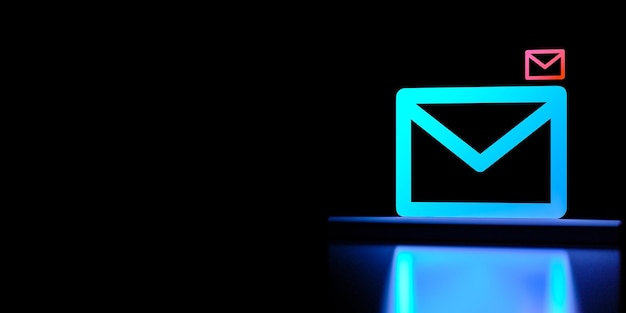 Umschlagsymbol mit einem Buchstaben auf schwarzem Hintergrund mit Kopierbereich Neonumschläge mit Briefen Postzustellung 3D-Rendering