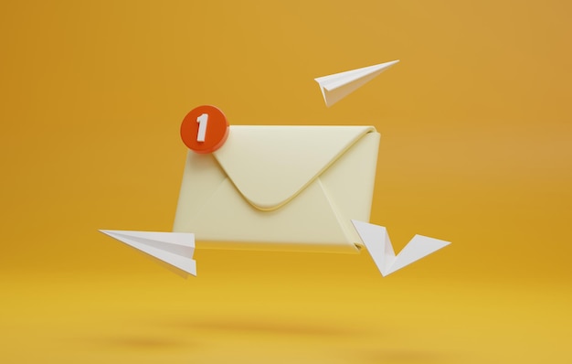 Umschlagsymbol mit ungelesenem Nachrichtensymbol mit Papierflieger auf gelbem Hintergrund