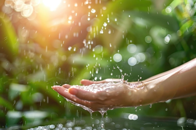 Umwelt Wasser Tropfwasser fließt zu Frauen Hand in Natur Garten Konzept