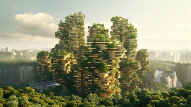 Umweltbewusstsein Stadt mit vertikalem Wald Konzept der Metropole mit grünen Pflanzen bedeckt Zivilarchitektur und natürliche biologische Lebenskombination Generative KI Bild Weber