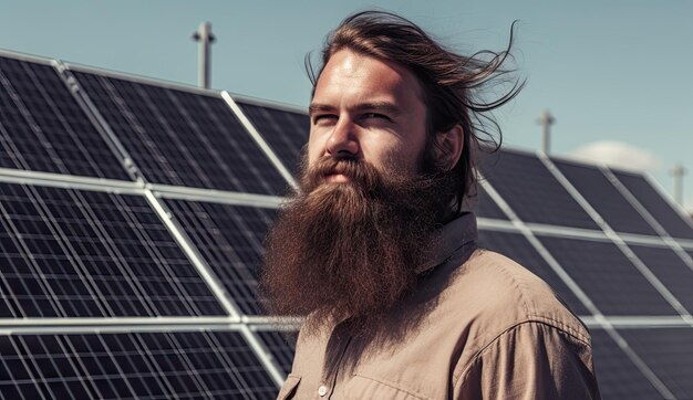 Umweltfreundliche Energie, bärtiger Mann posiert vor Solarpanel