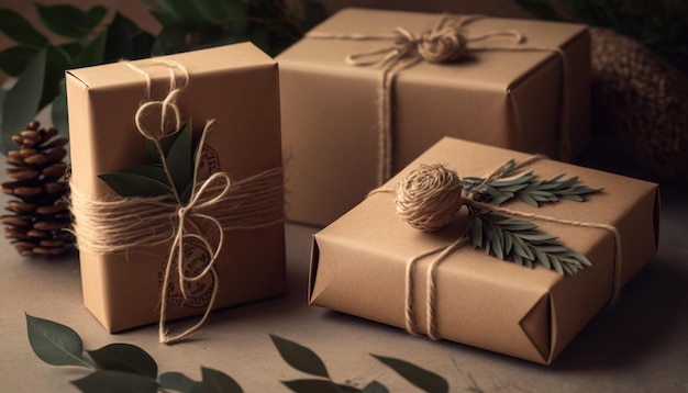 Umweltfreundliche Geschenkverpackung in Kraftpapier und Blättern