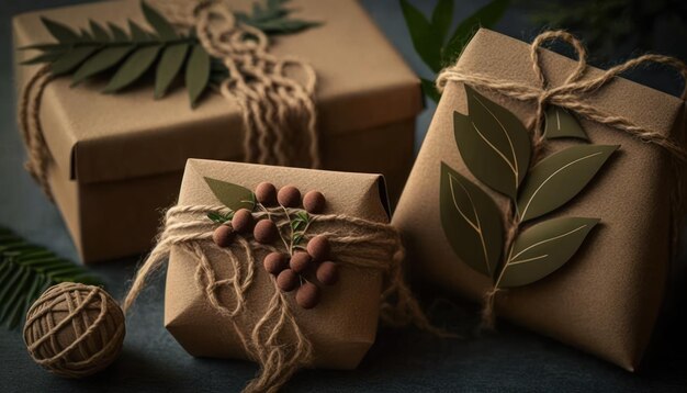 Umweltfreundliche Geschenkverpackung in Kraftpapier und Blättern