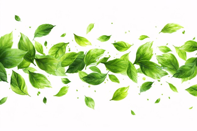 Umweltfreundliche Illustration mit fliegendem grünem Laub, Kräutertee und organischen Schönheitsprodukten