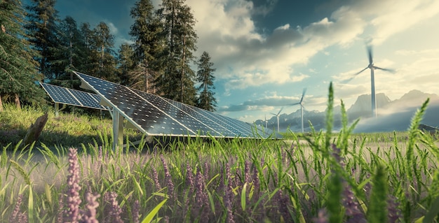 Umweltfreundliche Installation von Photovoltaik-Kraftwerk und Windturbinenpark