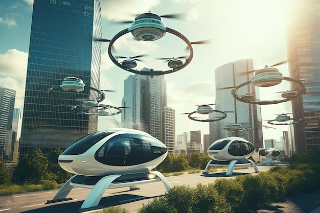 Umweltfreundliche, moderne und futuristische Lufttaxis, die in der modernen Stadt der Vereinigten Arabischen Emirate fliegen