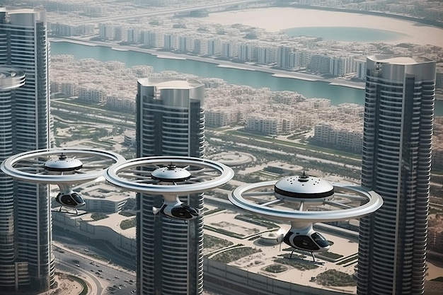Umweltfreundliche, moderne und futuristische Lufttaxis, die in der modernen Stadt der Vereinigten Arabischen Emirate fliegen