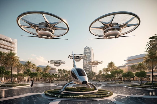 Umweltfreundliche, moderne und futuristische Lufttaxis fliegen in modernen Städten der Vereinigten Arabischen Emirate.
