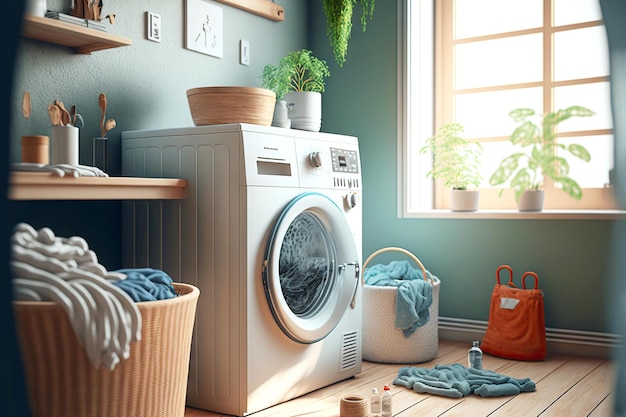 Umweltfreundlicher, heller Badezimmerinnenraum mit Maschinenwäsche