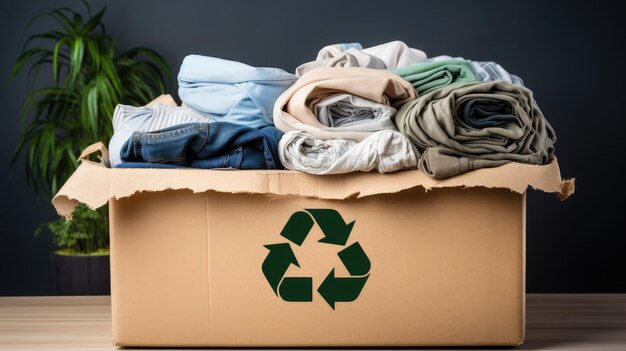 Umweltfreundliches Bild Kleidung, die ordentlich in einer Spendenbox verpackt ist und das Konzept der nachhaltigen Wiederverwendung und der Unterstützung der Gemeinschaft betont
