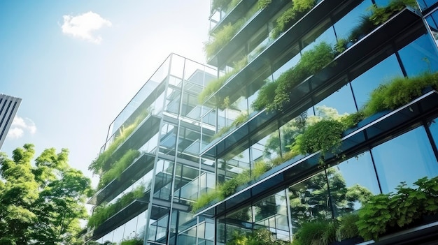 Umweltfreundliches Bürogebäude mit modernem Glasdesign im städtischen Stadtbild, das von KI erzeugt wurde