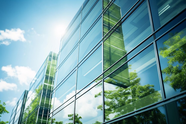 Umweltfreundliches Gebäude in der modernen Stadt Nachhaltiges Bürogebäude aus Glas mit Baum zur Reduzierung von CO2