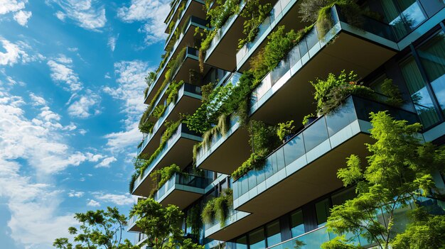 Umweltfreundliches Gebäude in der modernen Stadt Nachhaltiges Bürogebäude aus Glas mit Baum zur Reduzierung von CO2