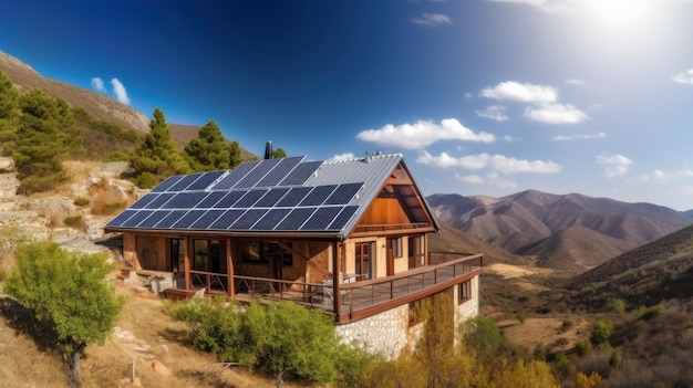 Umweltfreundliches Haus mit Sonnenkollektoren auf dem Dach, umgeben von grüner Natur. Generative KI