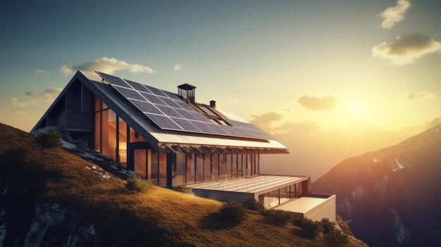 Umweltfreundliches Haus mit Sonnenkollektoren auf dem Dach, umgeben von grüner Natur. Generative KI