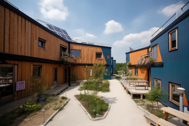 Umweltfreundliches Hostel mit Solarpaneelen, Windturbinen und Recyclingbehältern, die mit generativer KI erstellt wurden