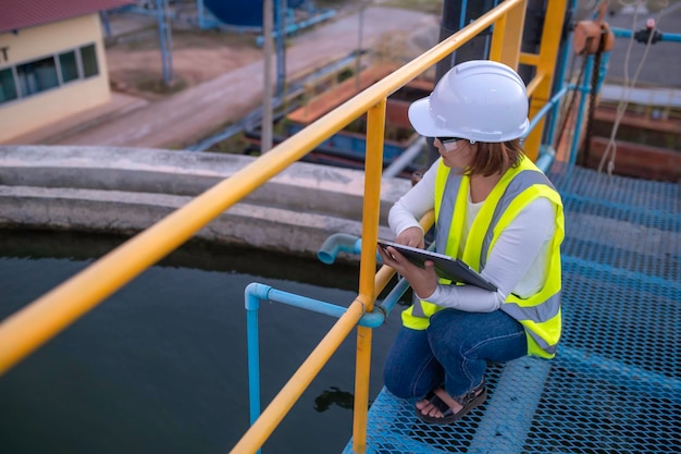 Umweltingenieure arbeiten in Abwasserreinigungsanlagen Wasserversorgungsingenieure arbeiten in einer Wasserrecyclinganlage zur Wiederverwendung Überprüfen Sie, ob die Chlormenge im Wasser innerhalb der Kriterien liegt