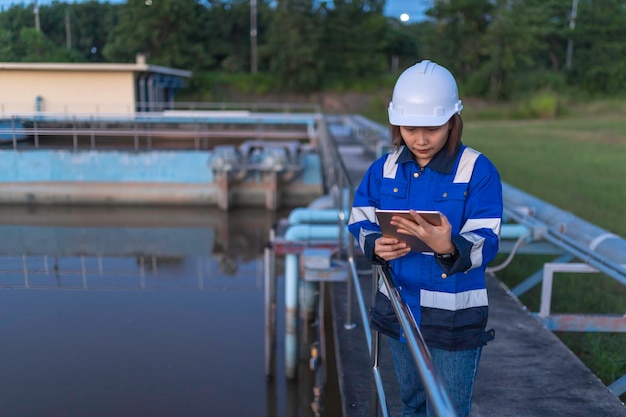 Umweltingenieure arbeiten in Abwasserreinigungsanlagen, Wasserversorgungstechniker arbeiten in einer Wasserrecyclinganlage zur Wiederverwendung, überprüfen Sie, ob die Menge an Chlor im Wasser innerhalb der Kriterien liegt.