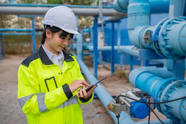 Foto umweltingenieure arbeiten in abwasserreinigungsanlagen, wasserversorgungstechniker arbeiten in einer wasserrecyclinganlage zur wiederverwendung, überprüfen sie, ob die menge an chlor im wasser innerhalb der kriterien liegt.