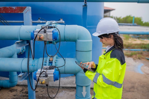 Foto umweltingenieure arbeiten in abwasserreinigungsanlagen, wasserversorgungstechniker arbeiten in einer wasserrecyclinganlage zur wiederverwendung, überprüfen sie, ob die menge an chlor im wasser innerhalb der kriterien liegt.