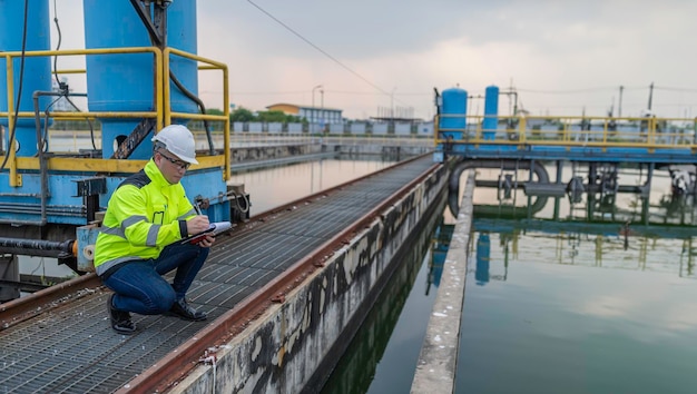 Umweltingenieure arbeiten in Abwasserreinigungsanlagen Wasserversorgungstechniker arbeiten in einer Wasserrecyclinganlage zur Wiederverwendung