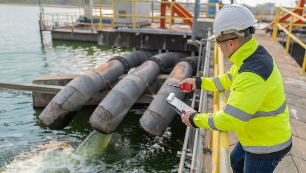 Umweltingenieure arbeiten in Abwasserreinigungsanlagen Wasserversorgungstechniker arbeiten in einer Wasserrecyclinganlage zur Wiederverwendung