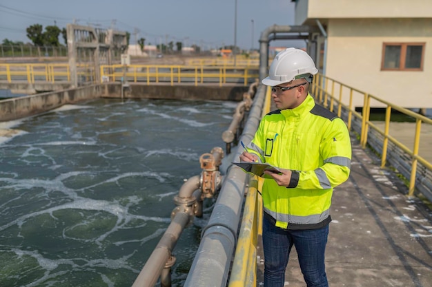 Umweltingenieure arbeiten in Abwasserreinigungsanlagen Wasserversorgungstechniker arbeiten in einer Wasserrecyclinganlage zur Wiederverwendung